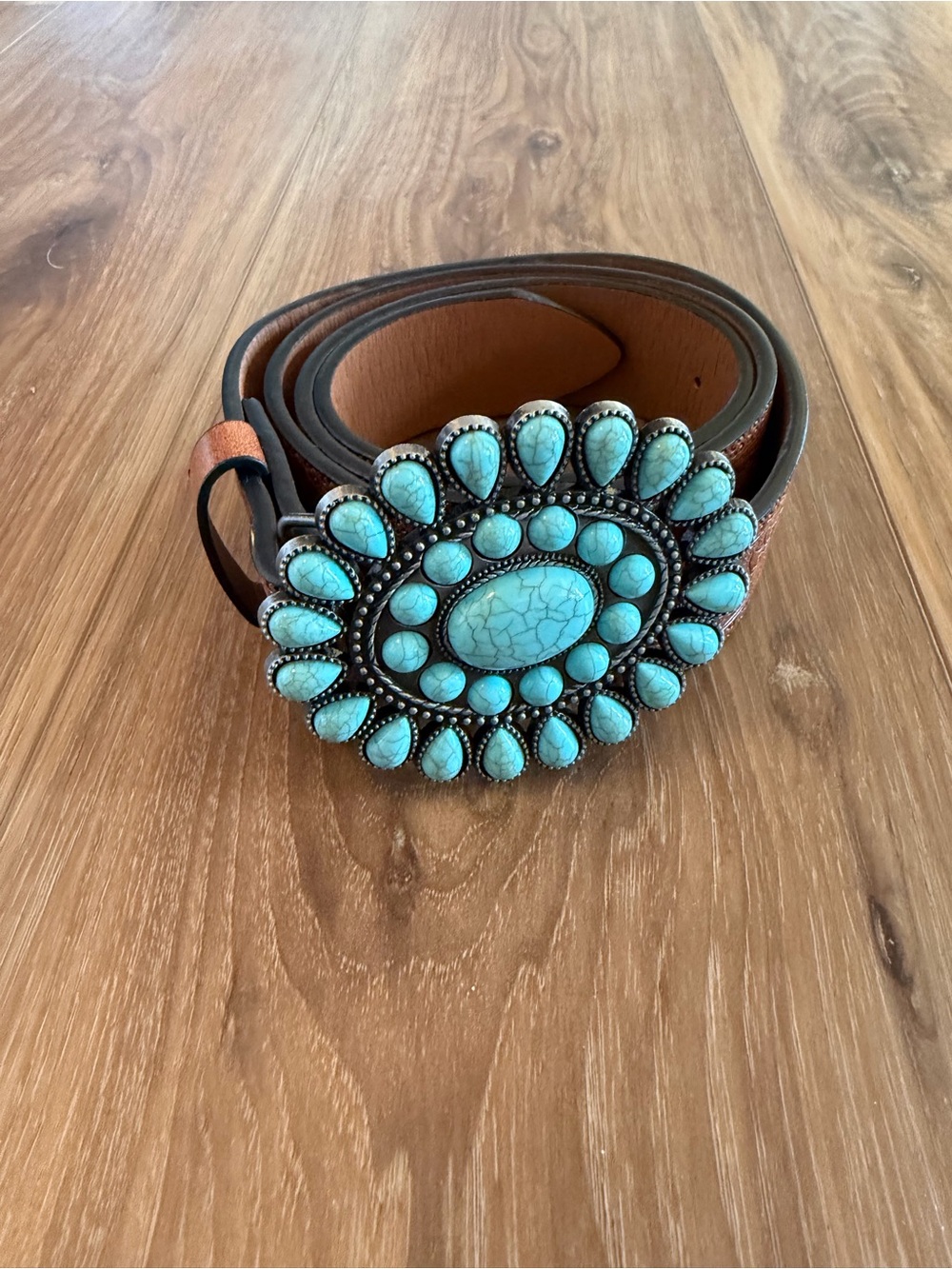 Turquoise Stone Floral Concho Leather Belt - Women Accessories